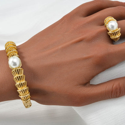 Vintage Jewelry Gold Hollow-Out Pearl Jewelry Four-Piece Set