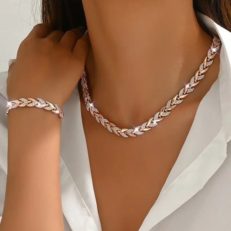 2PCS Glass Leaf Necklace Set Elegant Rhinestone Chain Necklace Bracelet For Women Fashion Luxury Jewelry Set